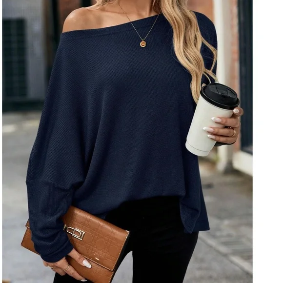 Solid Off Shoulder Loose Fit Waffle Long Sleeve Top - Picture 3 of 16
